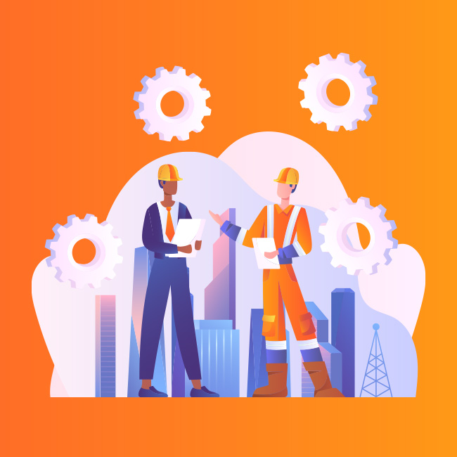 Illustration of a conversation between a construction worker and a person in a suit