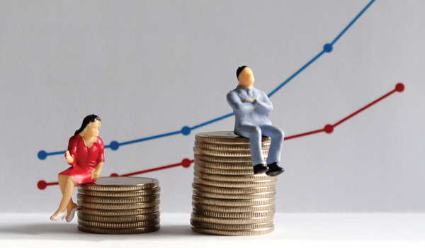 Man sitting on a taller stack of coins than a woman