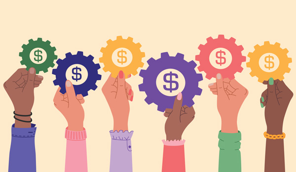 Illustration of hands holding up gears with dollar signs inside