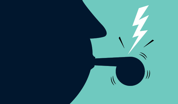 Illustrated close up of a referee blowing a whistle