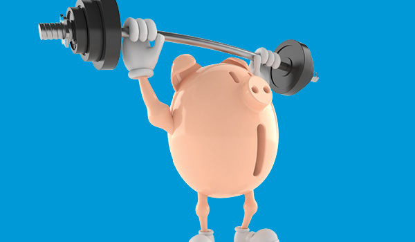 Illustration of a piggy bank lifting a barbell