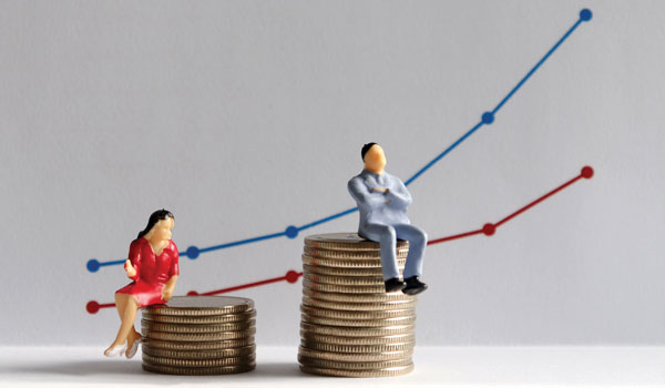 Man sitting on a taller stack of coins than a woman