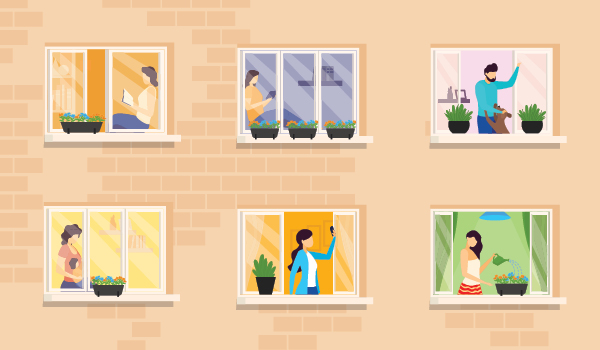 Illustration of apartment windows, one person in each window, one also with dog