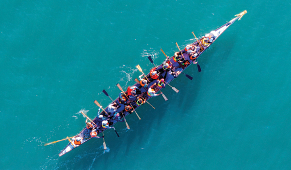 Overhead image of a kayaking team on the water