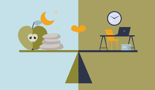 Illustration of a balanced scale, with healthy icons on one side and workday items on the other side