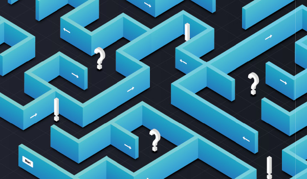 A maze filled with question marks and exclamation points
